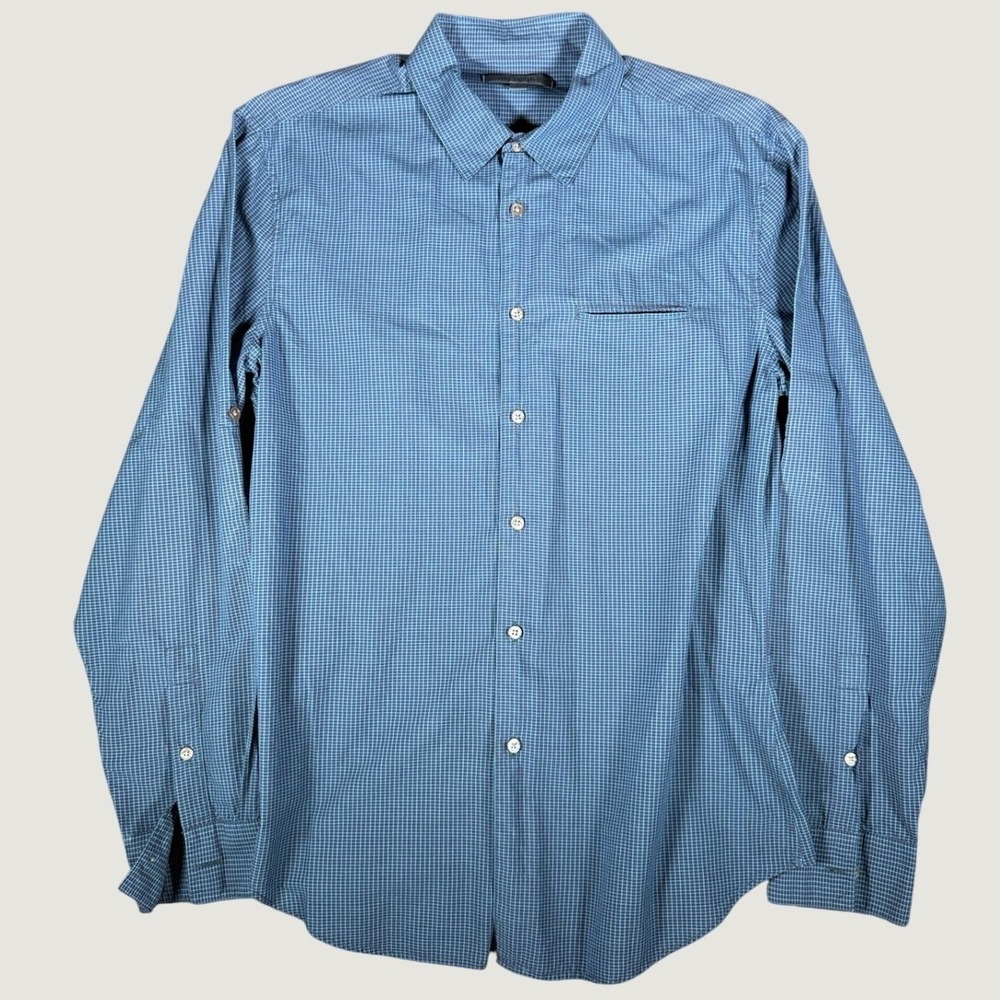 John Varvatos Mens Blue Micro Check Roll Tab Long Sleeve Button Down Shirt L